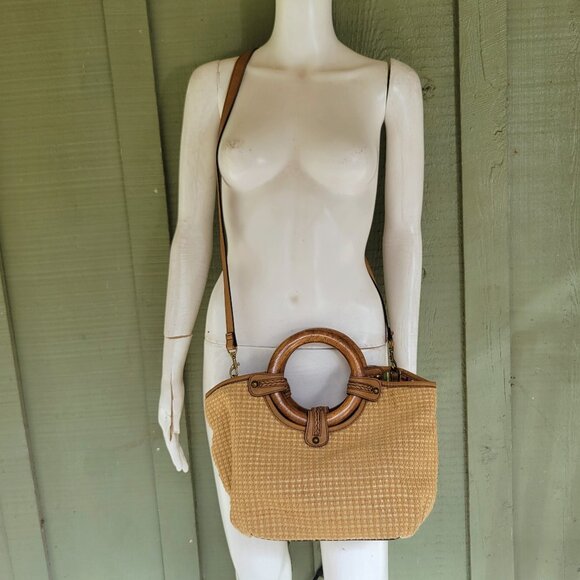 FOSSIL Tweed Fabric Wood Handle Satchel Crossbody Bag - Picture 2 of 6
